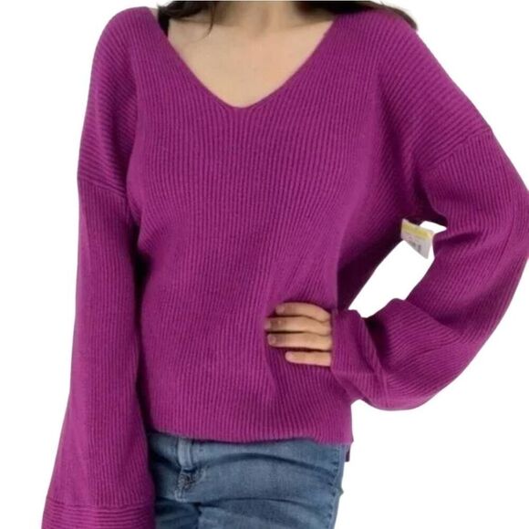 Free Press Women’s Small V-Neck Sweater Ribbed Knit Pullover Long Sleeve Viscose - Picture 1 of 8